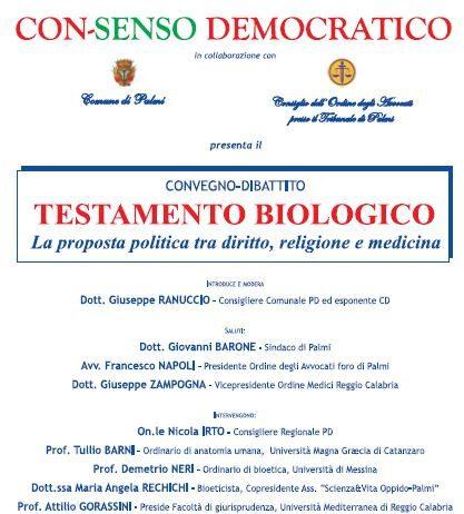 Palmi, Con-senso Democratico presenta il convegno: Testamento Biologico. La proposta politica tra diritto, religione e medicina