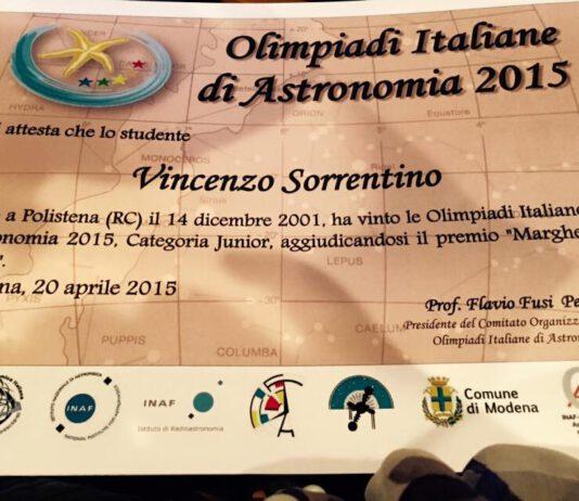 Vincenzo Sorrentino 13enne di Taurianova vincitore delle Olimpiadi Italiane di Astronomia