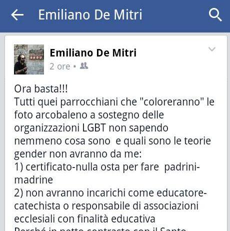 Prete contro matrimoni omosessuali :”Chi colora il proprio Facebook arcobaleno non potrà fare il padrino”