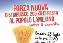 Sabato Forza Nuova distribuirà gratuitamente ai cittadini lametini 200kg di pasta contro il carovita