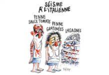 Ironia salace su Charlie Hebdo : Deturpata la memoria dei morti del sisma .