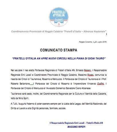 Fratelli d’Italia, Petrini replica a Rapani
