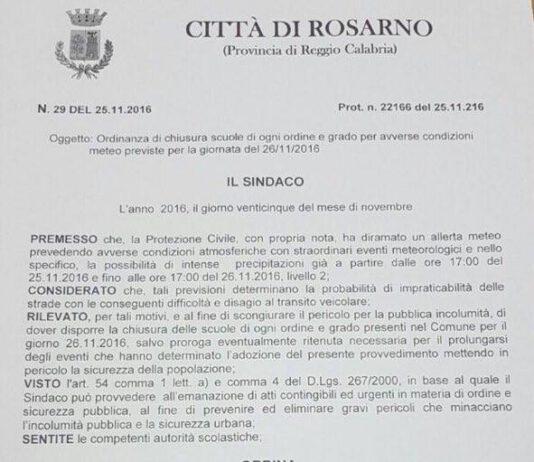 Rosarno, domani 26 novembre tutte le scuole resteranno chiuse