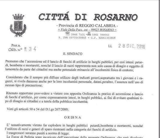 Rosarno, ordinanza divieto botti capodanno