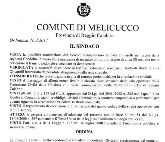 Melicucco, strada chiusa per possibile esondazione torrente Sciarapotamo