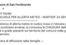 San Ferdinando, chiusura scuola per allerta meteo martedì 24gennaio