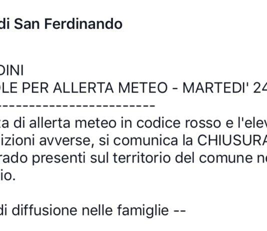 San Ferdinando, chiusura scuola per allerta meteo martedì 24gennaio