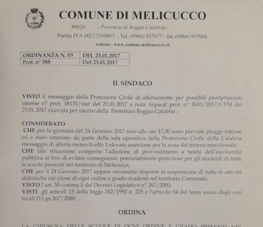 Melicucco, scuole chiuse domani 24 gennaio