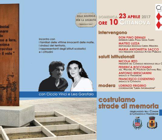 Domenica a Cittanova l’iniziativa con Vimodrone in nome di Ciccio Vinci e Lea Garofalo
