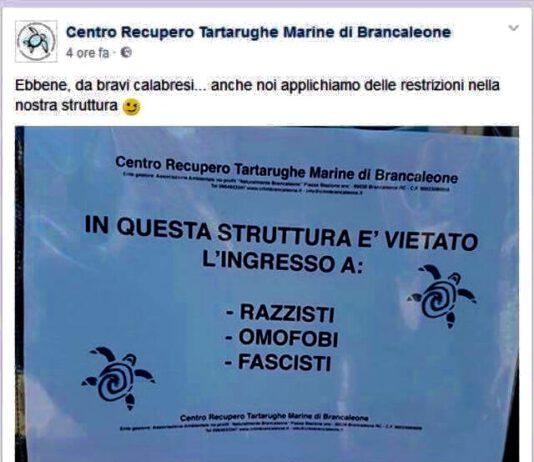 Tartarughe “Anti-Fasciste” a Brancaleone? Cartello contro fascisti omofobi e razzisti apparso davanti centro recupero tartarughe