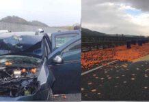 Incidente in autostrada, auto tampona autocarro che trasportava agrumi, due feriti