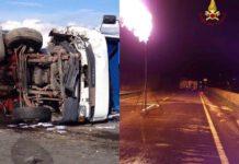 Un’auto cisterna si ribalta e riversa 13.000 litri di GPL: strada bloccata per una intera giornata