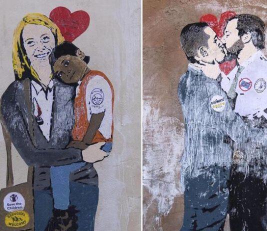 Street art a Roma, dopo il bacio Salvini Di Maio, murales con Meloni e bimbo africano