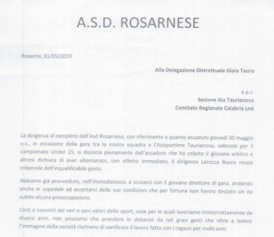 Dirigente dell’Asd Rosarnese aggredisce giovane arbitro, la Società si dissocia dall’accaduto