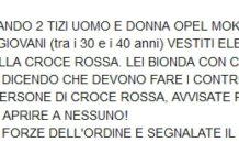 La bufala sui falsi volontari della Croce rossa “Stanno girando due tizi con Opel Mokka, con simbolo della croce rossa. NON APRITE”