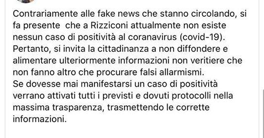 Coronavirus a Rizziconi fake news- le precisazioni del Sindaco