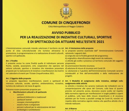 Cinquefrondi – Avviso pubblico realizzazione eventi estate 2021