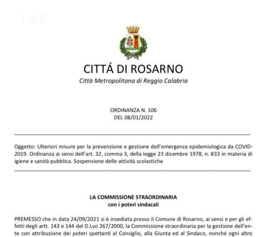 Rosarno – ordinanza sospensione attività scolastica dal 10 al 15 gennaio