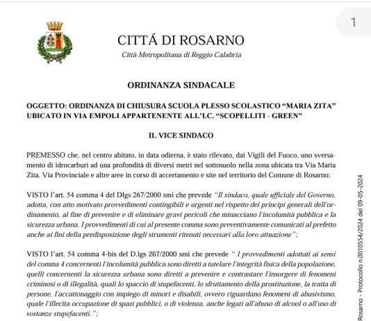 Rosarno – ordinanza chiusura scuola Maria Zita