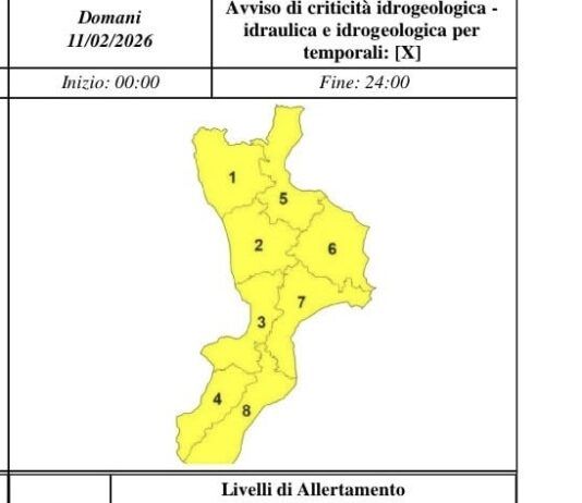 Allerta meteo in Calabria: domani 11 febbraio piogge diffuse e criticità idrogeologica