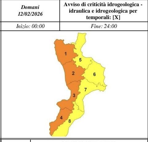 Maltempo in Calabria giovedì 12 febbraio: piogge diffuse e venti forti
