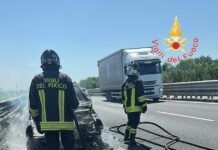 Auto in fiamme sull’A2: incendio invade anche le sterpaglie, traffico rallentato