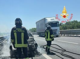 Auto in fiamme sull’A2: incendio invade anche le sterpaglie, traffico rallentato
